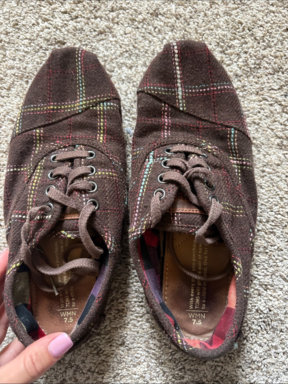 TOMS Brown Plaid Slip-On Shoes with Colorful Stitching